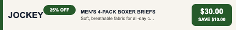 Jockey men's sale, 25% off with code JOCKEY